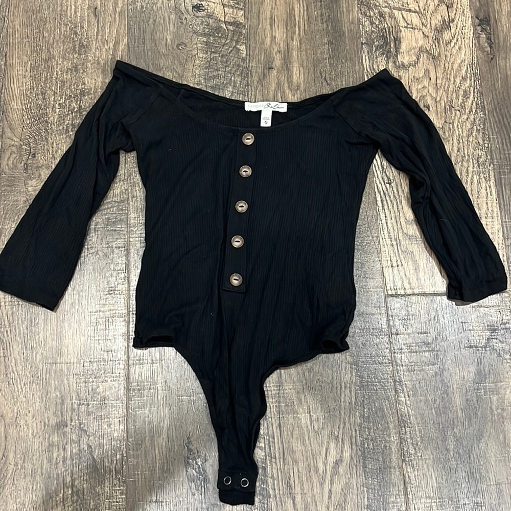 Express One Eleven Black off the shoulder bodysuit with tortoise shell buttons